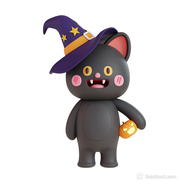Cute Black Cat Cartoon Character Wearing Purple Witch Hat With Stars Holding Halloween Pumpkin Lantern 3d model 