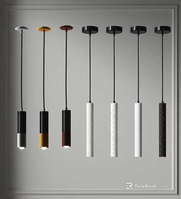 Modern Multiple Cylindrical Pendant Lights With Various Colors Hanging From Ceiling 3d model