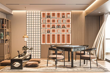 New Chinese Chess and Card Room Mahjong Room Mahjong Table Combination Mahjong House Tea Table and Chair Decorative Cabinet Background Wall 3d model