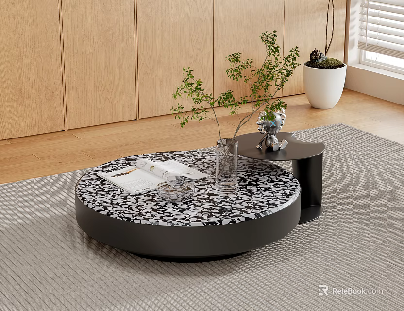 Round Coffee Table With Black And White Patterned Top Open Book Transparent Vase Green Plant 3d model 