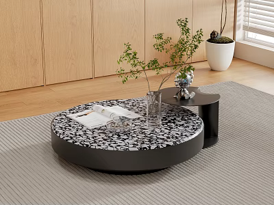 Round Coffee Table With Black And White Patterned Top Open Book Transparent Vase Green Plant 3d model