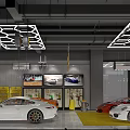4S Car Dealership Showroom Featuring Colorful Sports Cars Geometric Lights Yellow Floor And Tool Storage