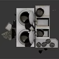Double Stove Kitchen Countertop Setup With Pots Drawers And Cooking Utensils