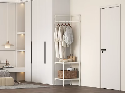 Modern Room With White Wardrobe And Clothes Rack Hanging Clothes And Bags 3d model