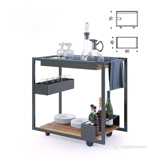 Stylish Kitchen Cart With Metal Frame Wooden Top Storage Wheels And Wine Glassware Plates 3d model 