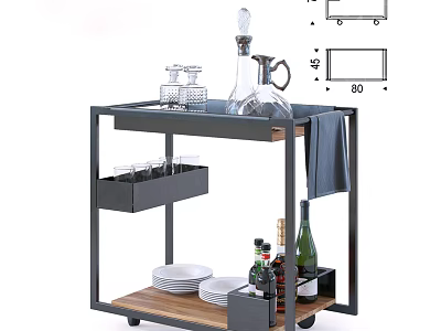 Stylish Kitchen Cart With Metal Frame Wooden Top Storage Wheels And Wine Glassware Plates 3d model