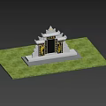 Chinese Garden Ornament with White Base Black Door Golden Decorations in Green Lawn and Trees