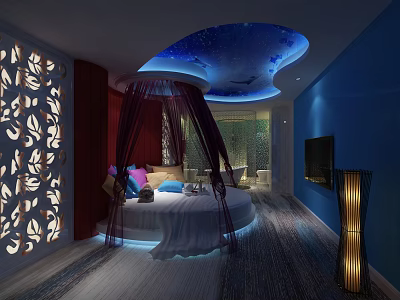 Hotel Room Interior with Round Bed Red Canopy Starry Sky Ceiling and Blue Walls 3d model
