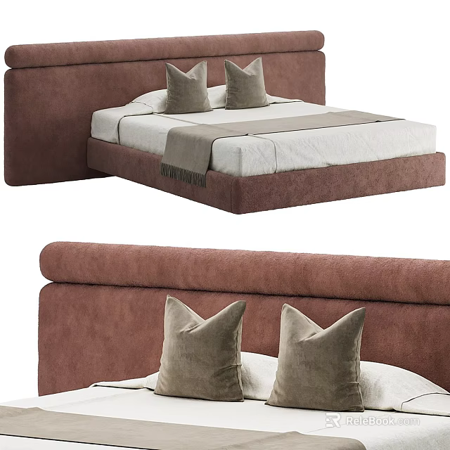 Comfortable Modern Double Bed With Brown Upholstered Headboard And Gray Pillows 3d model