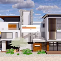 Modern Detached Villa Exterior Design With White And Wooden Facade Large Windows And Greenery