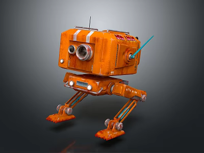 Orange Robot Character Design With Large Eyes Four Legs Antenna And Mechanical Lights 3d model
