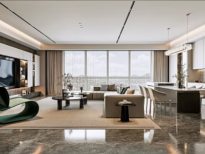 Modern Open Living Dining Room With Large Windows Green Sofa Pendant Lights And Marble Flooring 3d model