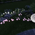 Outdoor Lights In Garden With Green Grass Purple Flowers Stones And Trees