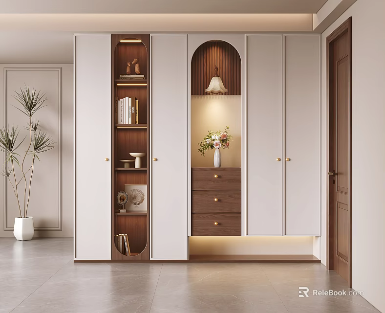 Modern Entryway Cabinet And Side Cabinet With Arched Design Lighting Drawers And Vase Flowers 3d model 