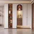 Modern Entryway Cabinet And Side Cabinet With Arched Design Lighting Drawers And Vase Flowers