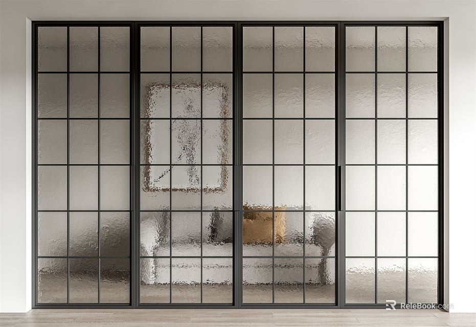 Modern Sliding Glass Doors With Black Grid Frame For Living Room Interior 3d model 