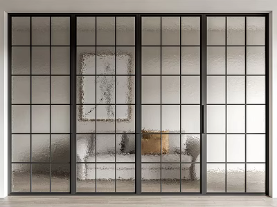 Modern Sliding Glass Doors With Black Grid Frame For Living Room Interior 3d model