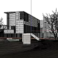 Modern Detached Villa With Cantilevered Structure Large Glass Windows And Water Feature Surrounding Trees