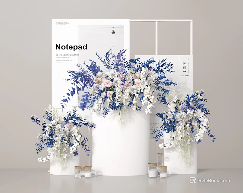 Elegant Modern Floral Display with Blue White Blooms in White Cylindrical Vessels and Small Candles 3d model 