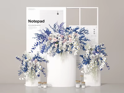 Elegant Modern Floral Display with Blue White Blooms in White Cylindrical Vessels and Small Candles 3d model