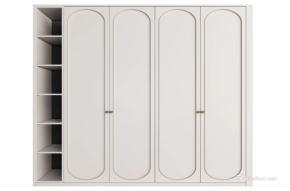 Light Colored Modern Wardrobe With Four Arched Doors And Open Shelving Unit 3d model
