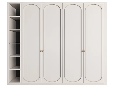Light Colored Modern Wardrobe With Four Arched Doors And Open Shelving Unit 3d model