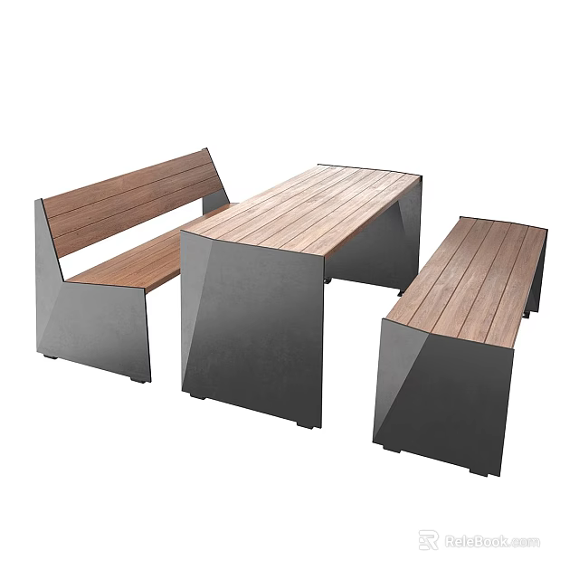 Modern Outdoor Table With Wooden Top And Metal Legs Matching Benches For Garden 3d model 