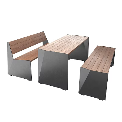Modern Outdoor Table With Wooden Top And Metal Legs Matching Benches For Garden 3d model