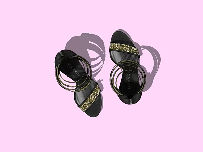 Stylish Black Strappy Sandals with Shiny Gold Accents on Pink Background 3d model