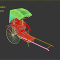 Red Rickshaw With Green Canopy And Wheels On Black Background With Shiny Reflection 3d model