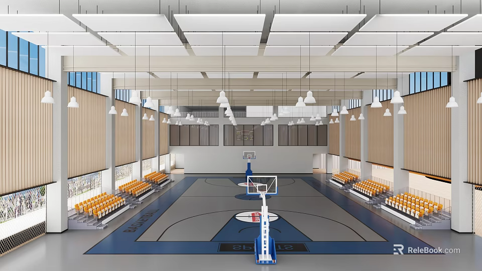 Modern Basketball Gymnasium Interior With Multiple Hoops Yellow Seats And Suspended Lighting 3d model 