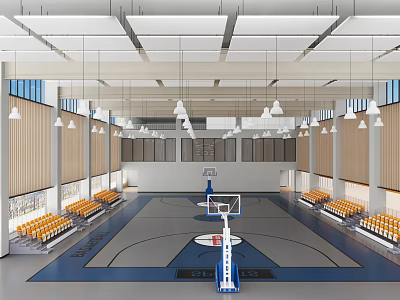 Modern Basketball Gymnasium Interior With Multiple Hoops Yellow Seats And Suspended Lighting 3d model