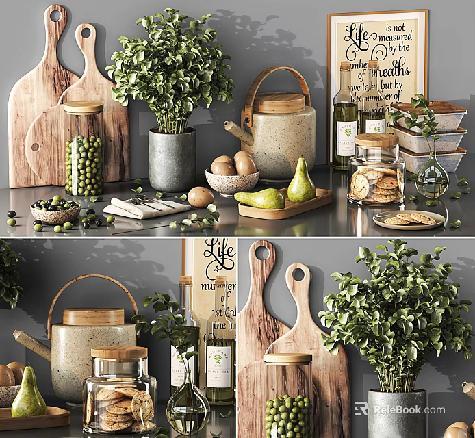 Rustic Kitchenware Collection With Wooden Cutting Boards Ceramic Jars Kettle Fresh Fruits And Green Plants 3d model 