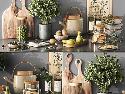 Rustic Kitchenware Collection With Wooden Cutting Boards Ceramic Jars Kettle Fresh Fruits And Green Plants 3d model