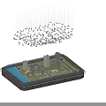 Urban Development Scale Model With High Rise Buildings Green Area Water Pool and Bird Chandelier