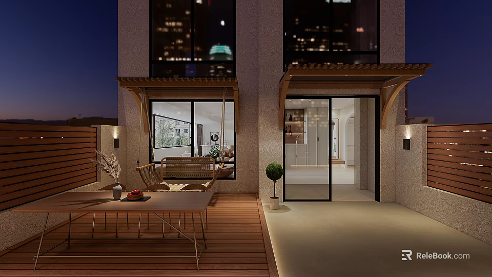 Modern Garden Landscape With Wooden Terrace Patio Furniture And Night City Lights 3d model 