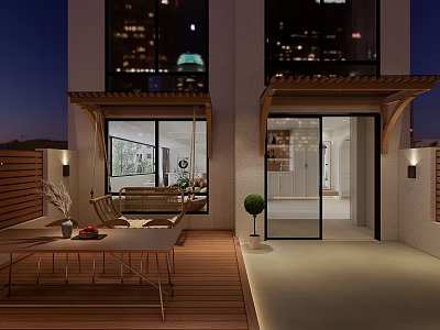 Modern Garden Landscape With Wooden Terrace Patio Furniture And Night City Lights 3d model