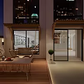 Modern Garden Landscape With Wooden Terrace Patio Furniture And Night City Lights