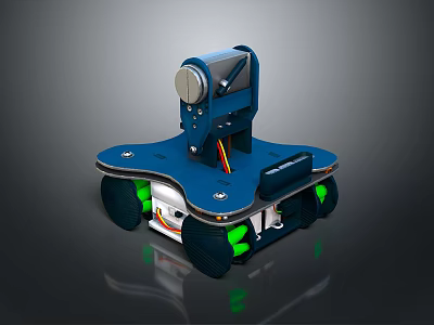 Small Blue Mobile Wheeled Robot Device With Top Sensor And Green Light Wheels 3d model