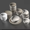 Dinnerware Set With Stacked White And Gray Bowls And Various Sizes Plates