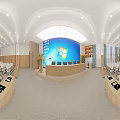 Conference Room Interior Featuring White Chairs Large Screen Windows Logo Wooden Walls And Green Plants