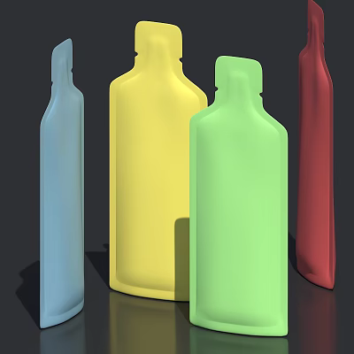 Colored Plastic Bottles In Blue Yellow Green And Red Standing On Dark Surface 3d model Colored Plastic Bottles In Blue Yellow Green And Red Standing On Dark Surface 3d model