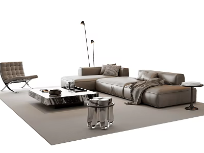 Modern Leather Sofa and Glass Coffee Table Set with Accent Chair Floor Lamp and Rug 3d model