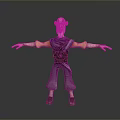 3D Cartoon Character With Bald Head Red Markings Purple Outfit Yellow Sleeves Black Belt Standing
