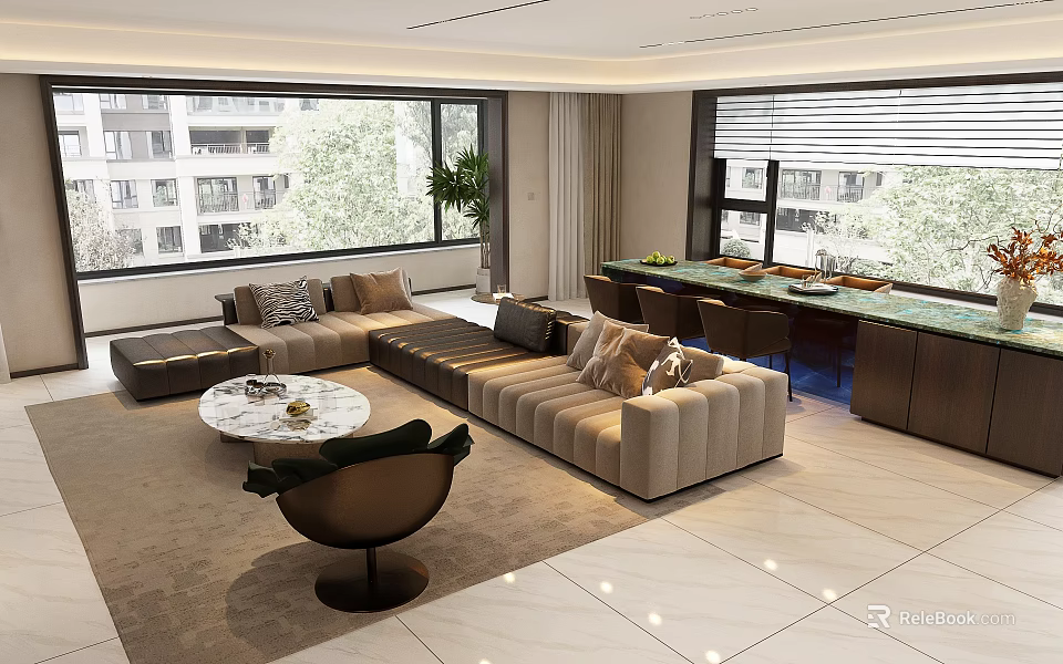 Modern Living Room Interior With Large Windows Sofa Coffee Table Green Counter And Plant 3d model 