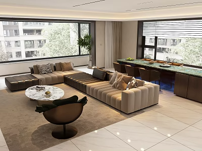 Modern Living Room Interior With Large Windows Sofa Coffee Table Green Counter And Plant 3d model