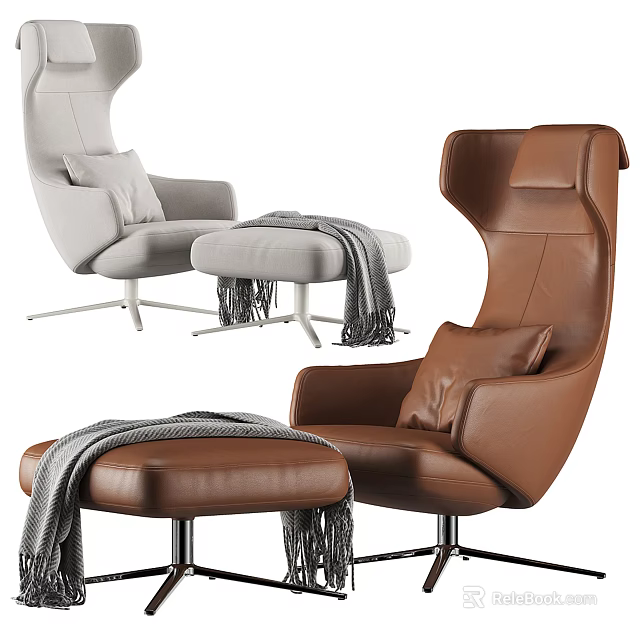 Elegant Modern Brown Leather Gray Fabric Lounge Chairs With Ottoman And Knitted Blanket 3d model 