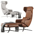 Elegant Modern Brown Leather Gray Fabric Lounge Chairs With Ottoman And Knitted Blanket