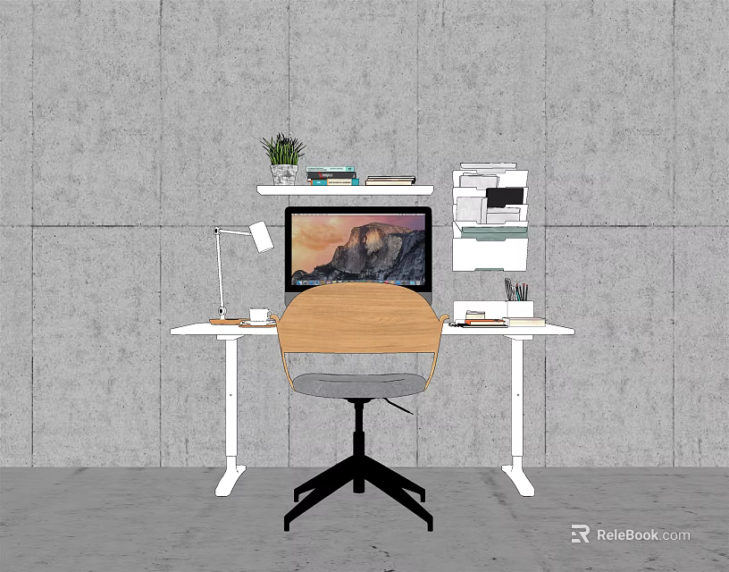 Modern Computer Workstation On Office Desk With Monitor Scenic View Desk Lamp Green Plant 3d model 