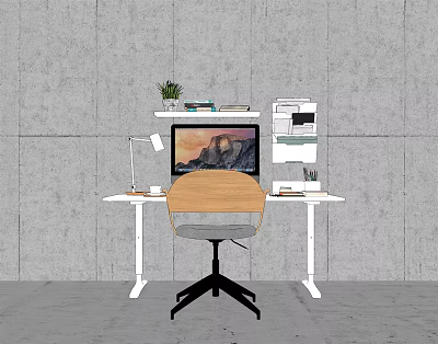 Modern Computer Workstation On Office Desk With Monitor Scenic View Desk Lamp Green Plant 3d model